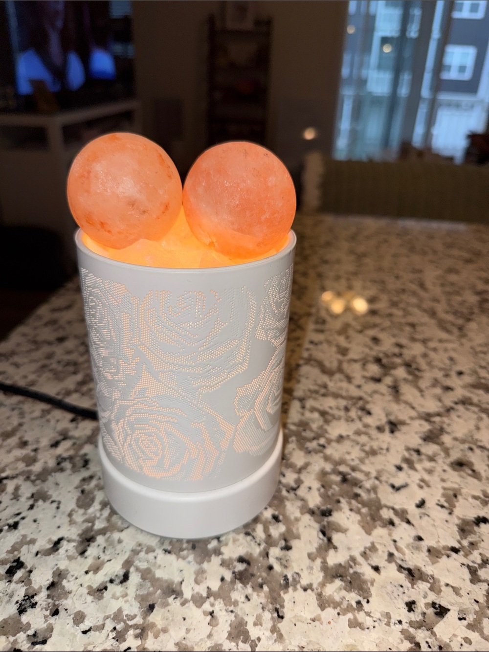 Himalayan Salt Lamp with massage stones - White Floral Design, Orange Glow